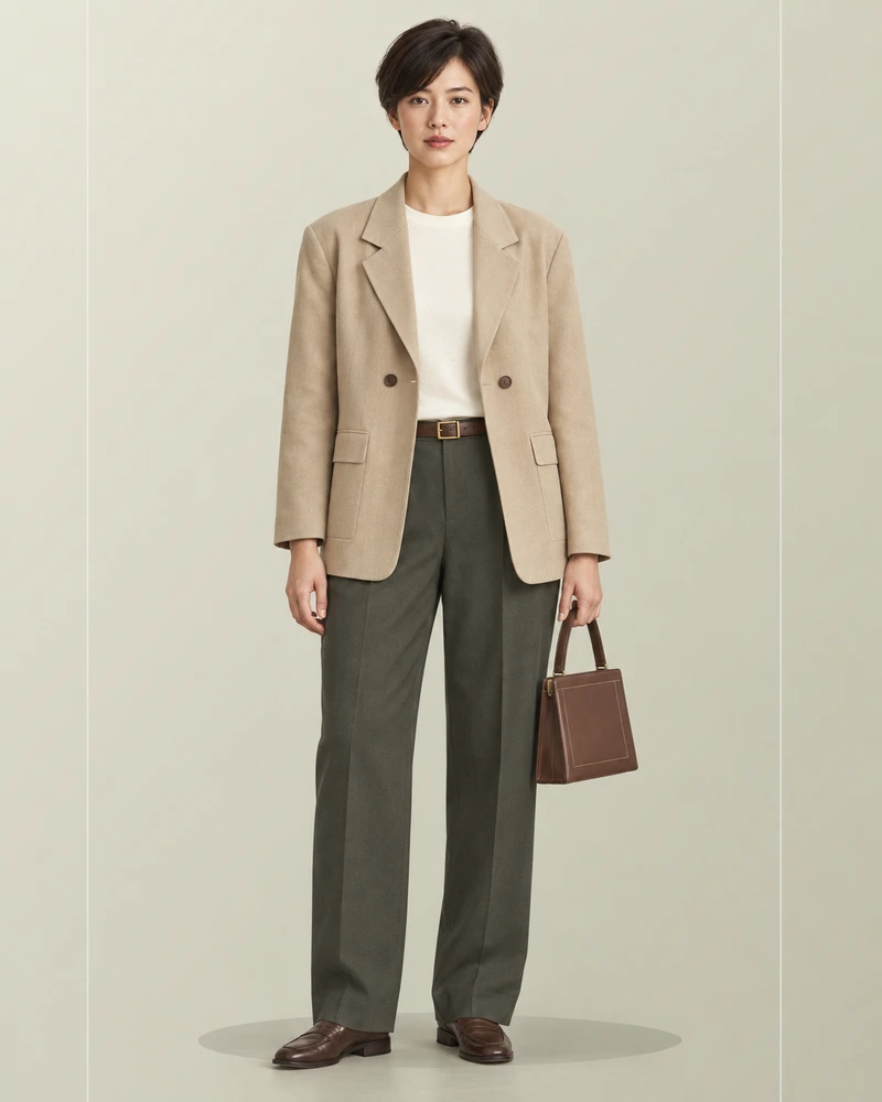 outfit photo with a beige blazer and olive trousers